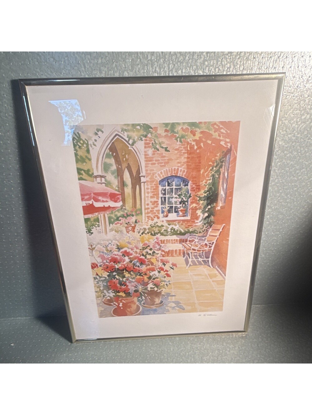 Hazel Soan "The Patio" Framed Garden Courtyard Watercolor Art Print Signed